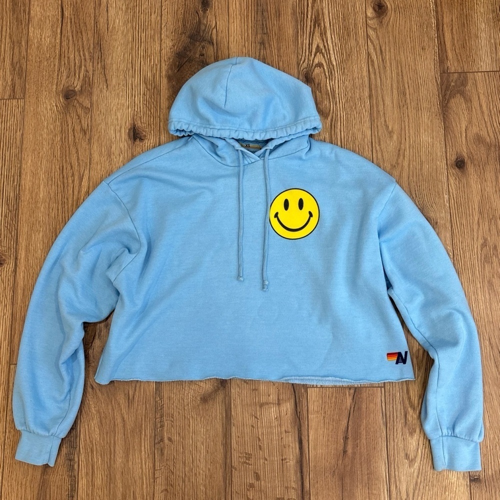 Aviator Nation Smiley Relaxed Cropped Hoodie Size XS In Sky Blue